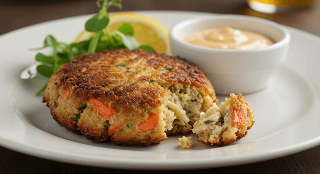Golden-brown crab cake with visible chunks of jumbo lump crab meat, served with aioli and fresh lemon slices.