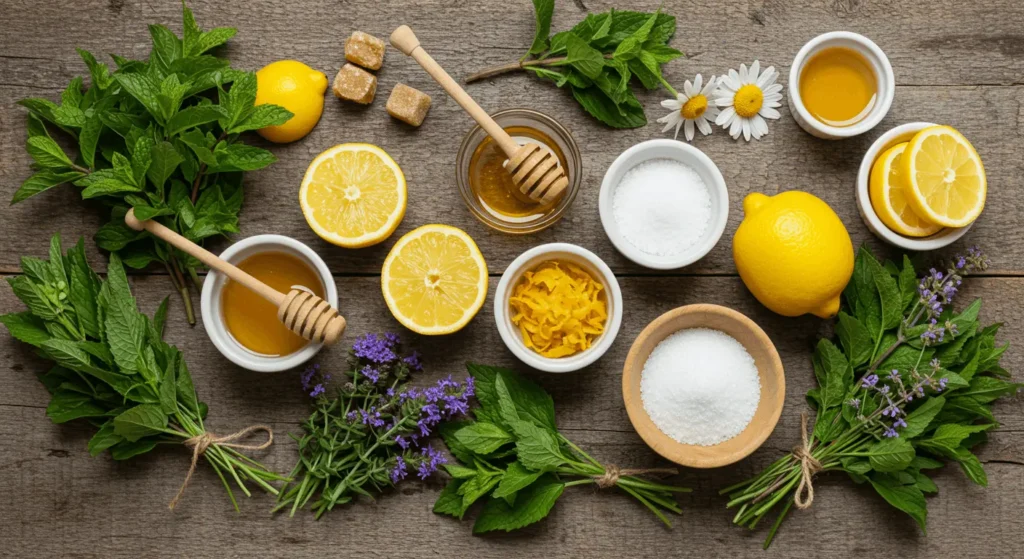Fresh herbs, lemons, honey, and sugar arranged on a rustic wooden table for making herbal cordial.