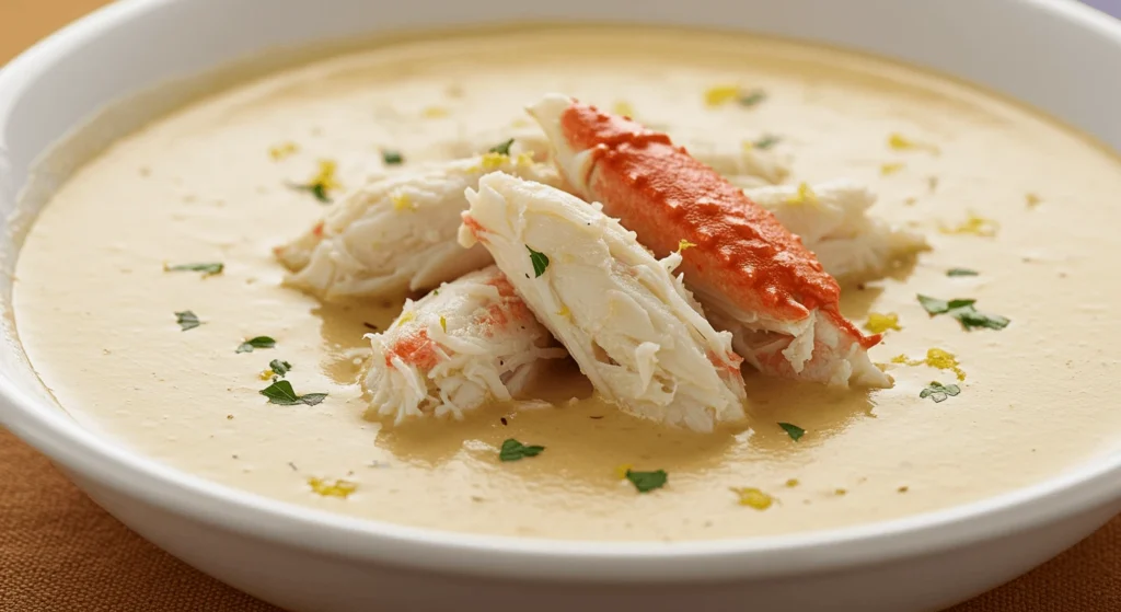 "Crab bisque with tender jumbo lump crab meat and fresh herbs, garnished with a splash of lemon zest.