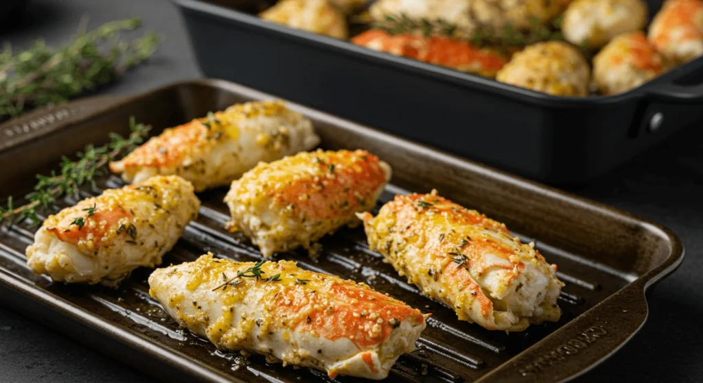 "Grilled jumbo lump crab meat with a golden crust, garnished with fresh thyme and a savory seasoning.