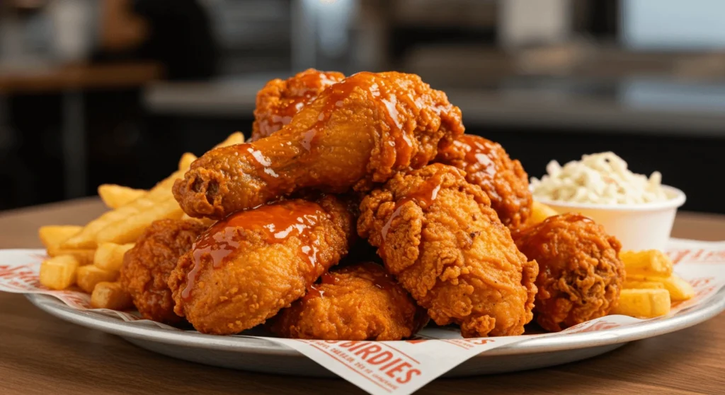 Plate of crispy fried chicken wings covered in hot sauce, served with French fries and coleslaw on the side.