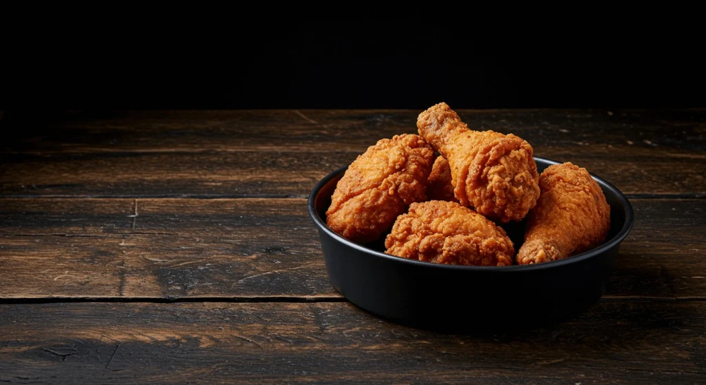 Close-up of crispy fried chicken pieces from Birdies Hot Chicken in a black bowl on a wooden table.