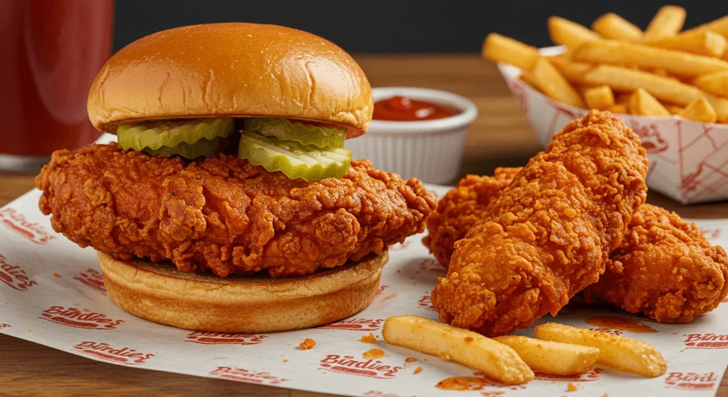 Birdies Hot Chicken sandwich with crispy fried chicken, pickles, and fries on the side, served with dipping sauce