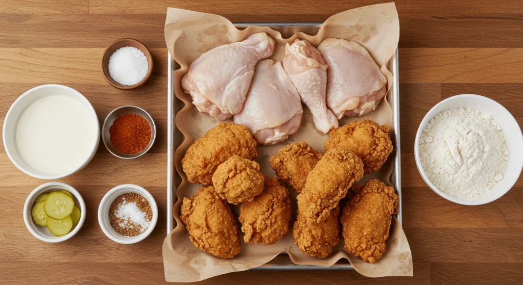 Ingredients for Birdies Hot Chicken: raw chicken thighs, fried chicken pieces, milk, flour, spices, pickles, and seasonings.