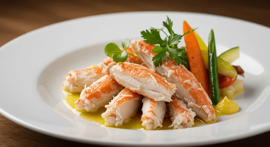 Plate of jumbo lump crab meat garnished with fresh herbs and colorful vegetables.