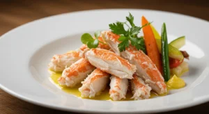 Plate of jumbo lump crab meat garnished with fresh herbs and colorful vegetables.