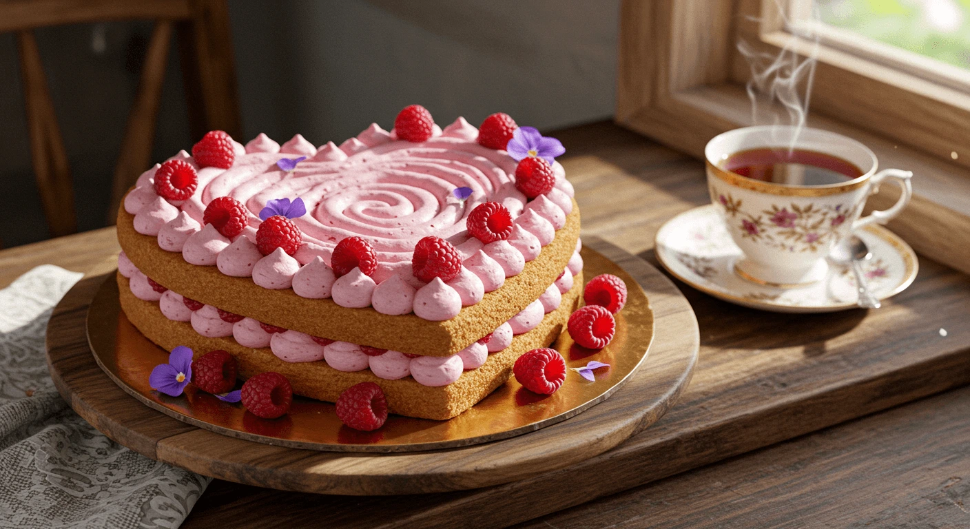 Raspberry Heart-Shaped Cake with Fresh Cream and Flowers Heart-shaped cake with raspberry cream, topped with fresh raspberries and flowers.