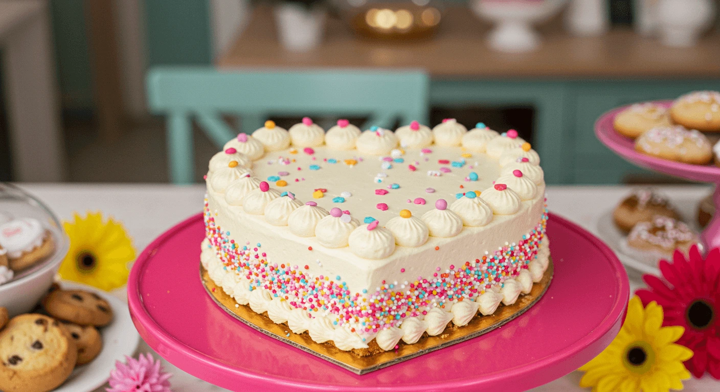 Bright and Cheerful Heart-Shaped Cake with Colorful Sprinkles Heart-shaped cake with colorful sprinkles and whipped cream topping.