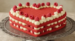 Heart-shaped cake with raspberry and cream decoration.