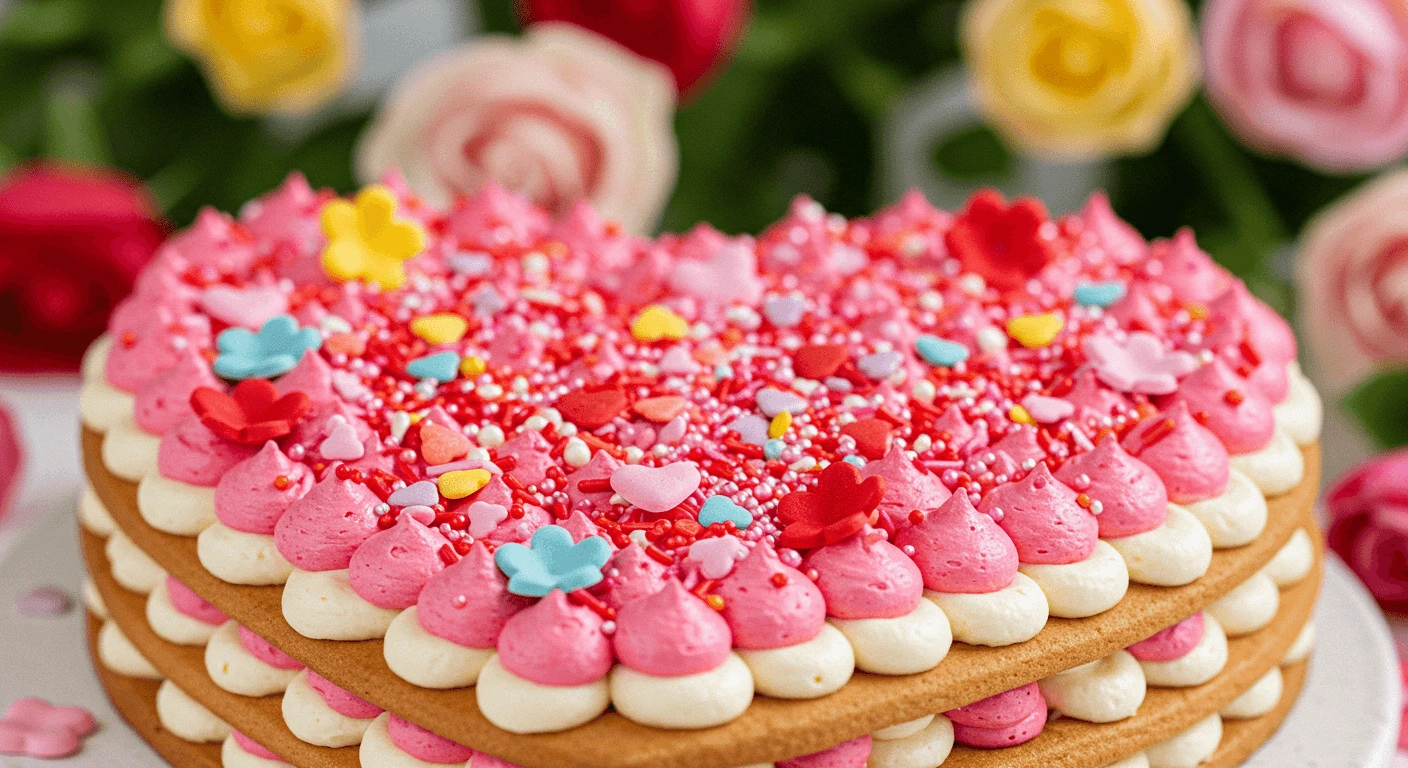 Colorful Heart-Shaped Cake with Candy Sprinkles Heart-shaped cake decorated with colorful sprinkles, pink and white frosting, and candy hearts.