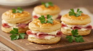 Mini cakes jambon fromage made with puff pastry, ham, cheese, and parsley garnish