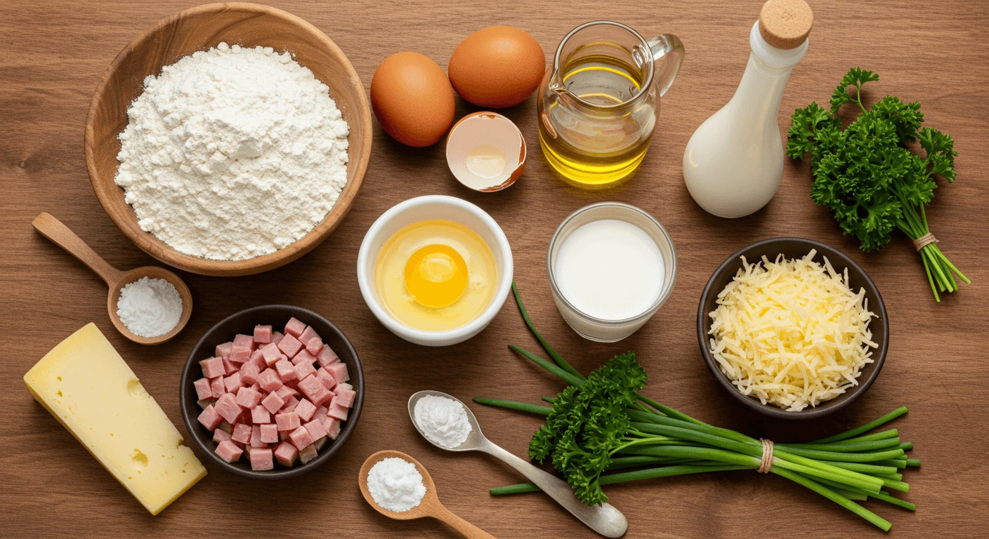 Essential ingredients for savory French-style mini cakes jambon fromage Ingredients for mini cakes jambon fromage including flour, eggs, milk, oil, ham, cheese, baking powder, and herbs