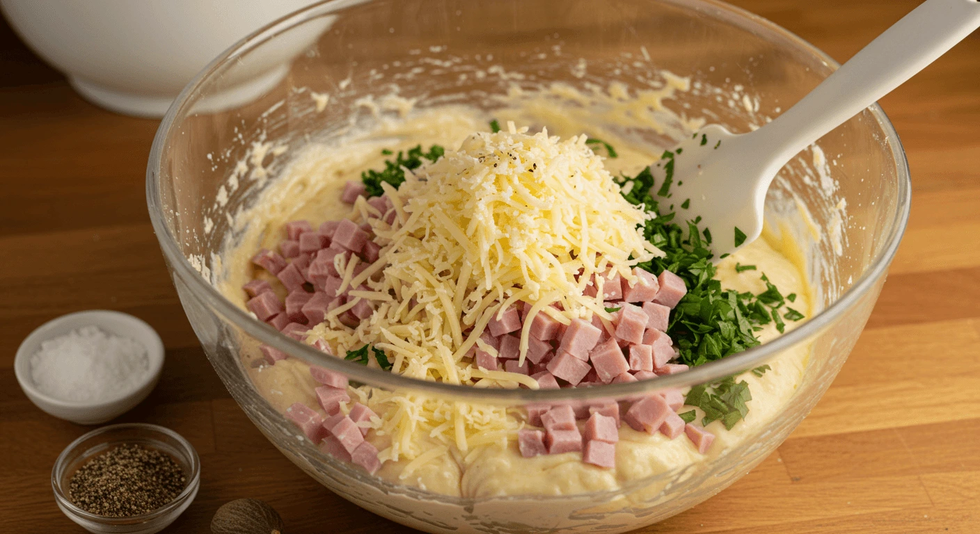 Folding ham, cheese, and herbs into savory mini cake batter Diced ham, grated cheese, and chopped parsley on top of savory batter in a mixing bowl with spatula