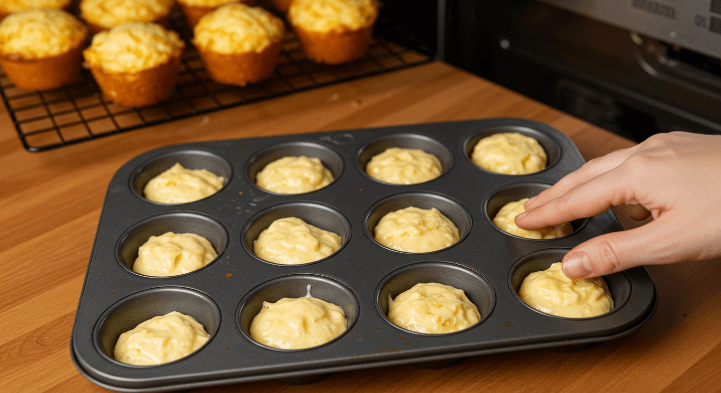 Filling muffin cups to bake golden mini cakes jambon fromage Hand filling muffin tin with savory batter for mini cakes jambon fromage, with baked cakes cooling on a rack